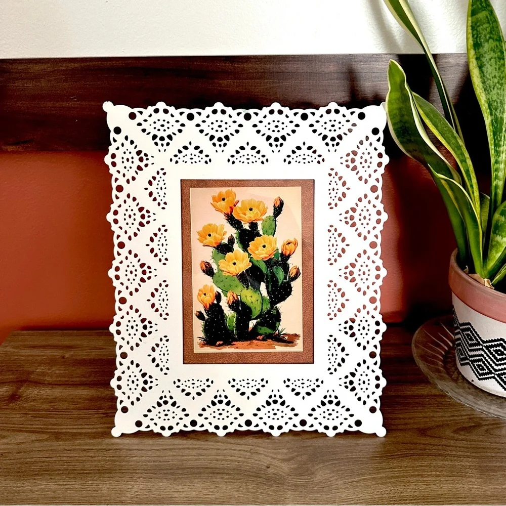 Prickly Pear Cactus Blooming Succulent Plant Delicate Lace Metal Framed Postcard